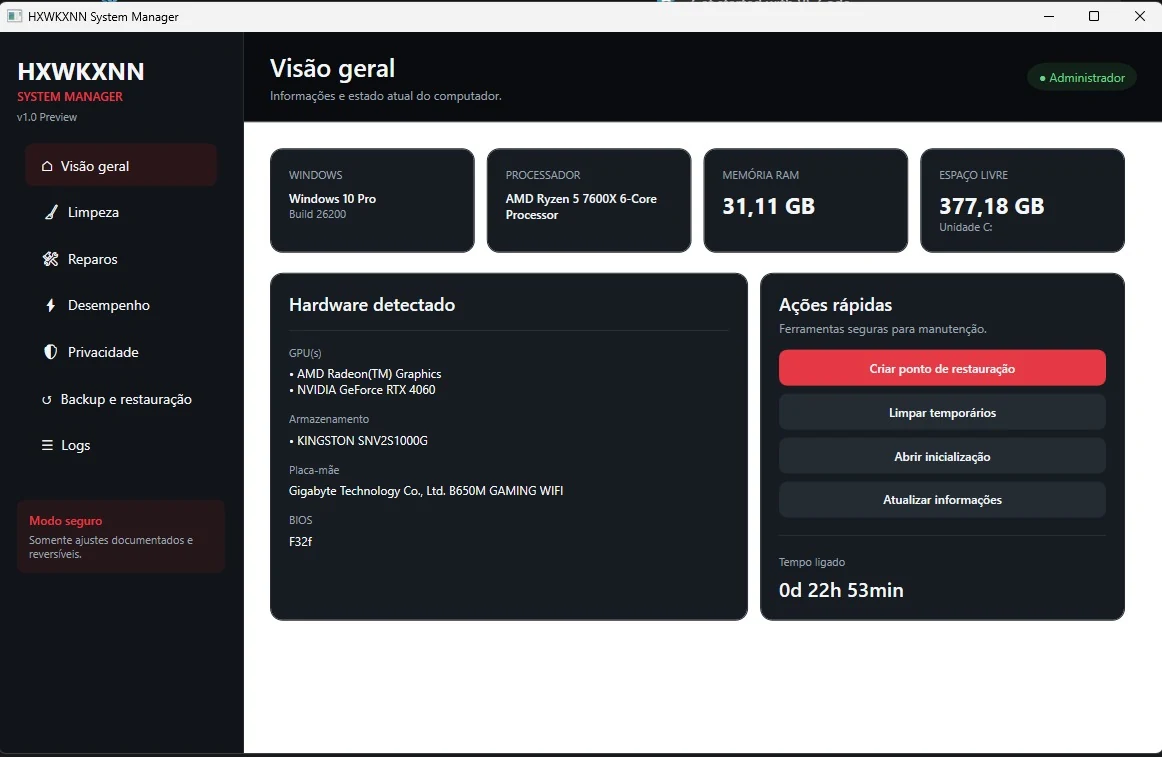 Captura real da tela Visão geral do HXWKXNN System Manager